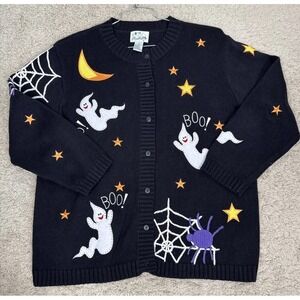 VTG Quacker Factory Halloween Cardigan Black Embellished Ghosts Spiders Size 1X